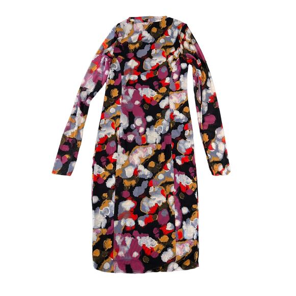 Open Edit Black Floral Painted Confetti Long Sleeve Ruched Mesh Dress - SIZE M - Picture 3 of 10